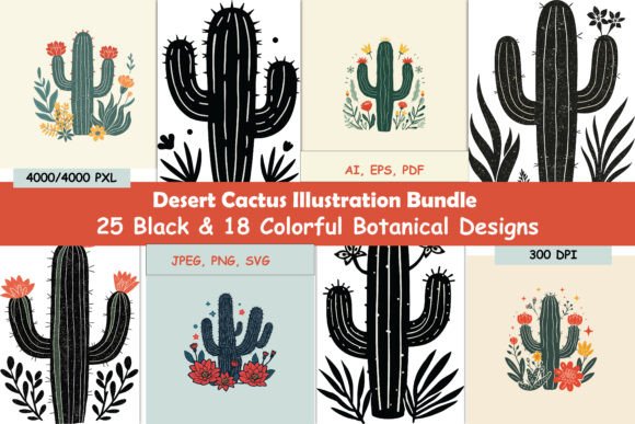 Download 25 Black &amp; 18 Color Cactus Designs - Premium Resources